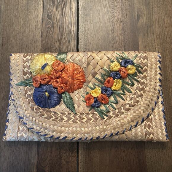 Vintage Woven Straw Floral Envelope Clutch Boho Cottagecore Beachy Summer Bag - Picture 1 of 6